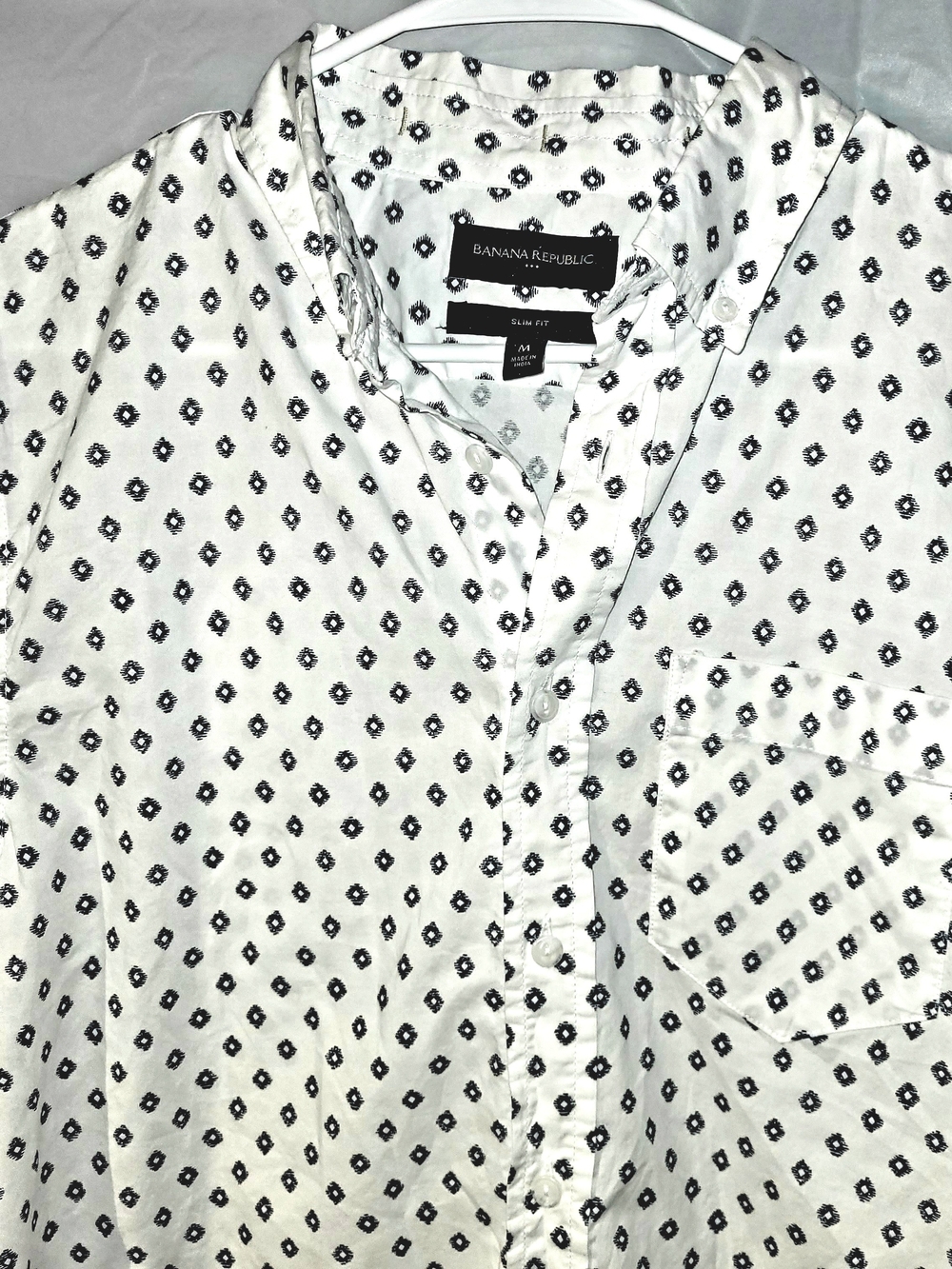 Banana Republic White Button-Down Shirt Black Diamond Micro-Print Size Medium